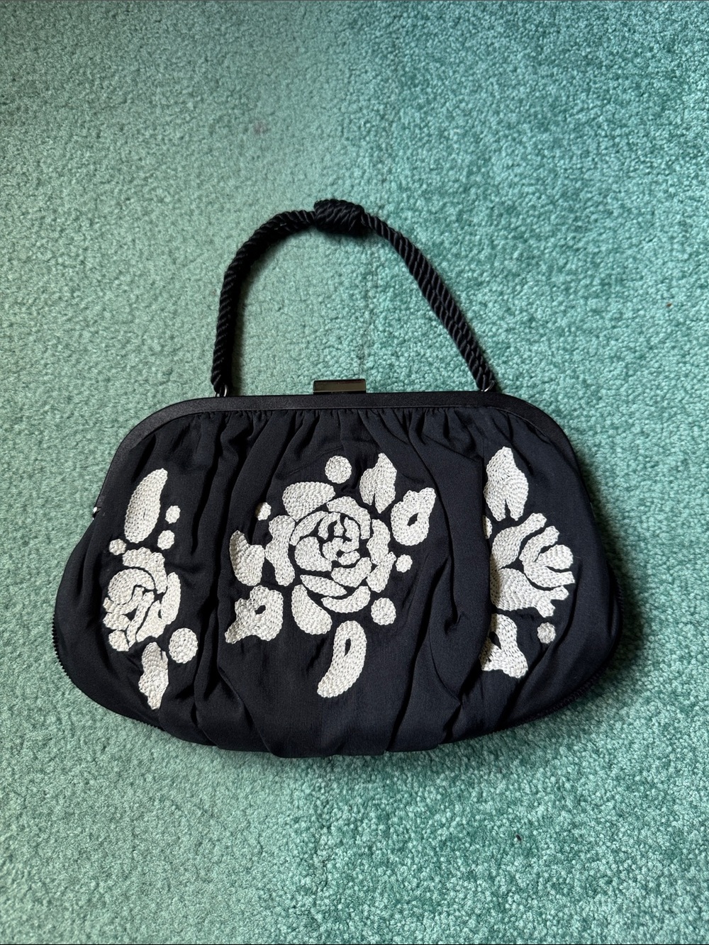 White House Black Market Black Evening Clutch with White Floral Embroidery